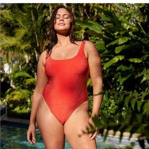 AERIE One Piece Swimsuit Womens Heart Orange Small Sparkle Babewatch Squareneck